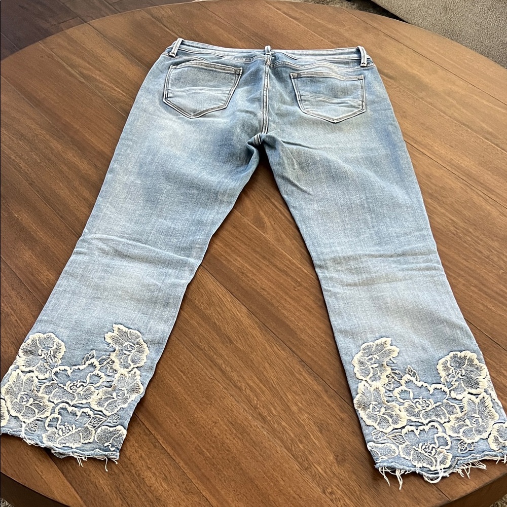 DRIFTWOOD Light Blue Flare Jeans with Cream Floral Embroidery - Picture 3 of 5